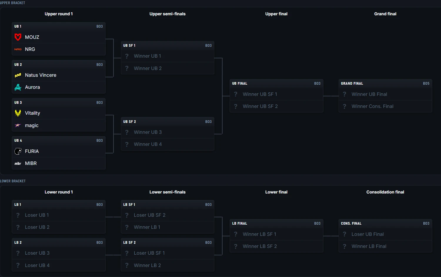 Upper and lower bracket of an eight-team double elimination event